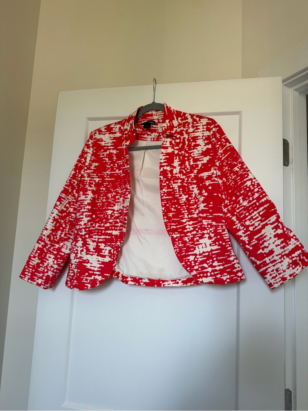 Aqua Red and White Abstract Open-Front Blazer
